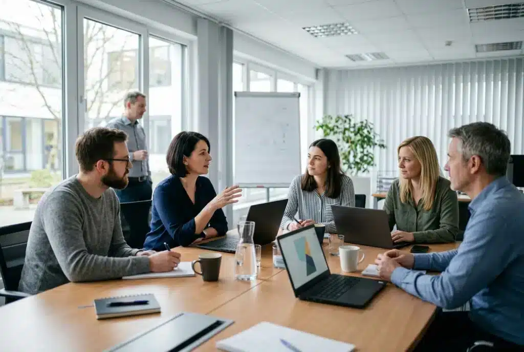Geschäftsführer im Gespräch mit einem Agenturteam am Besprechungstisch