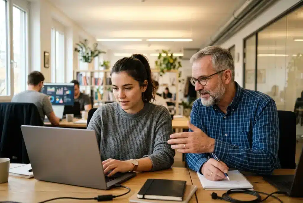 Einsteigerin lernt mit einem Trainer WordPress am Laptop