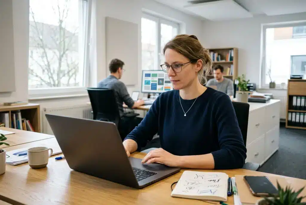 Redakteurin bearbeitet am Laptop Inhalte einer WordPress-Website