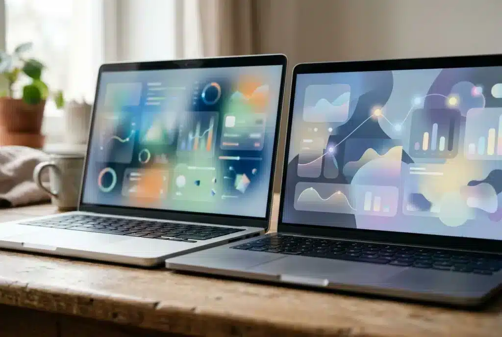 Zwei Laptops nebeneinander mit unterschiedlichen Dashboards