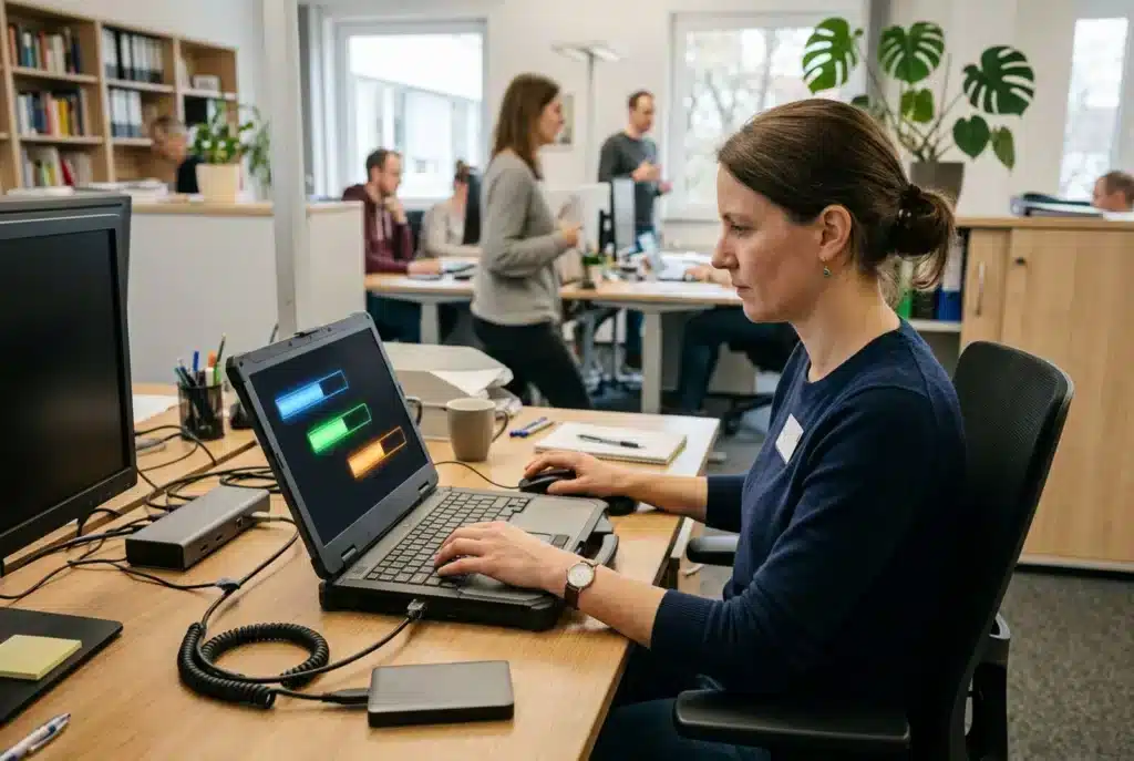 Mitarbeiterin führt am Laptop Updates einer Website durch