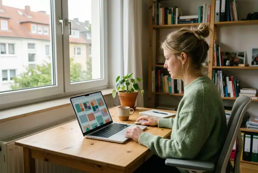 Selbständige arbeitet im Homeoffice am Laptop mit Suchergebnissen