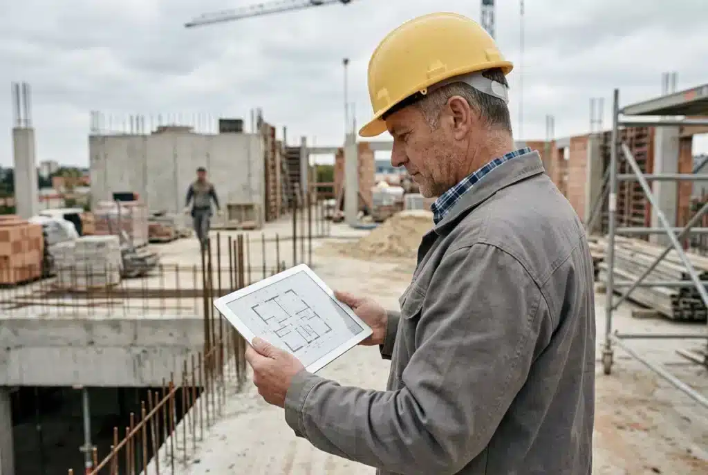 Bauleiter mit Helm prüft auf der Baustelle Pläne am Tablet