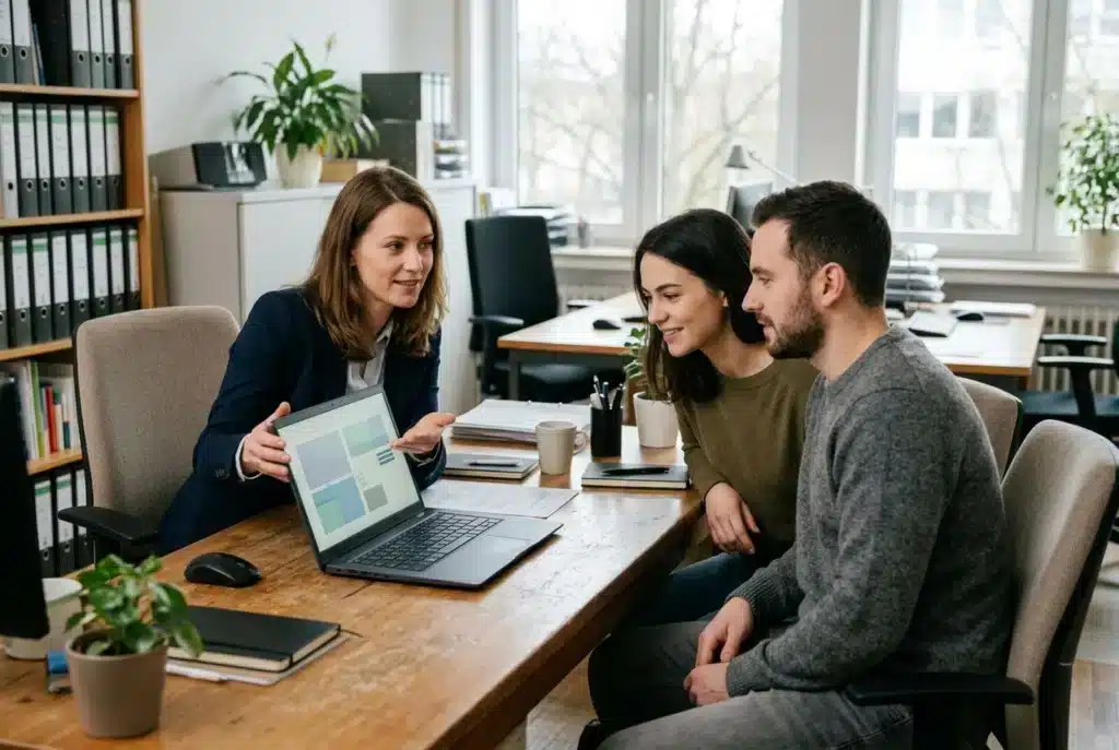 Immobilienmaklerin präsentiert einem Paar ein Objekt am Laptop