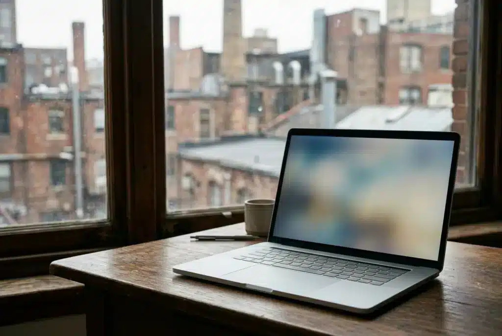 Laptop am Fenster mit Blick auf Backsteinbauten im Ruhrgebiet