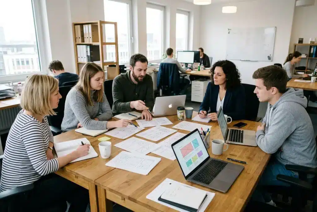Webdesign-Team bespricht mit Kunden Entwürfe am großen Tisch
