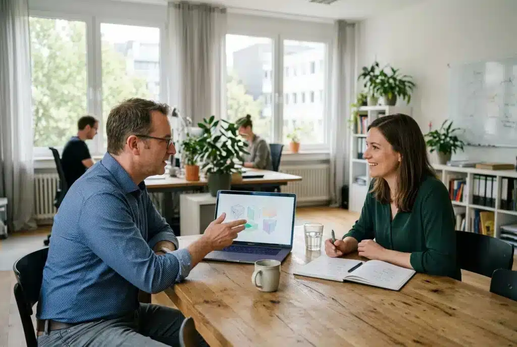 Kunde und Webdesignerin besprechen ein Projekt am Laptop