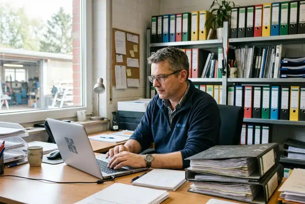 Handwerksmeister schreibt im Büro ein Angebot am Laptop