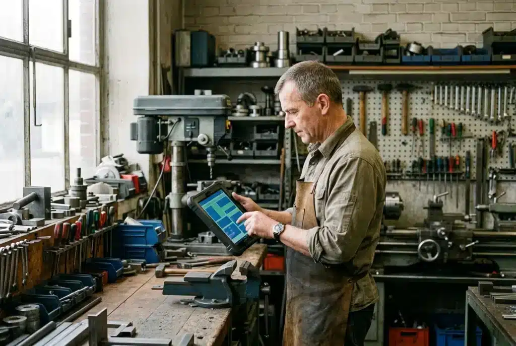 Handwerker nutzt in der Werkstatt ein Tablet