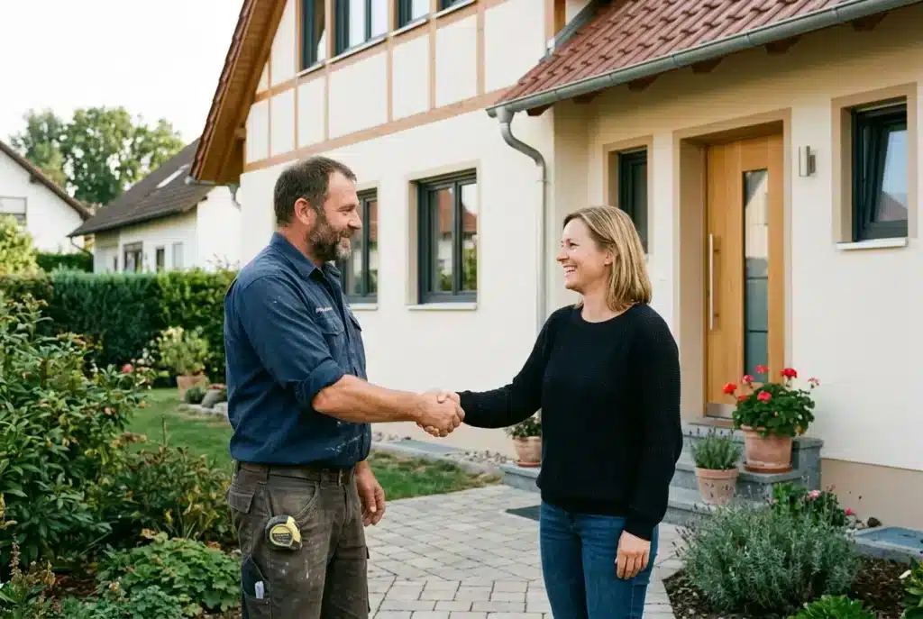Handwerker und zufriedene Hausbesitzerin geben sich vor dem renovierten Haus die Hand