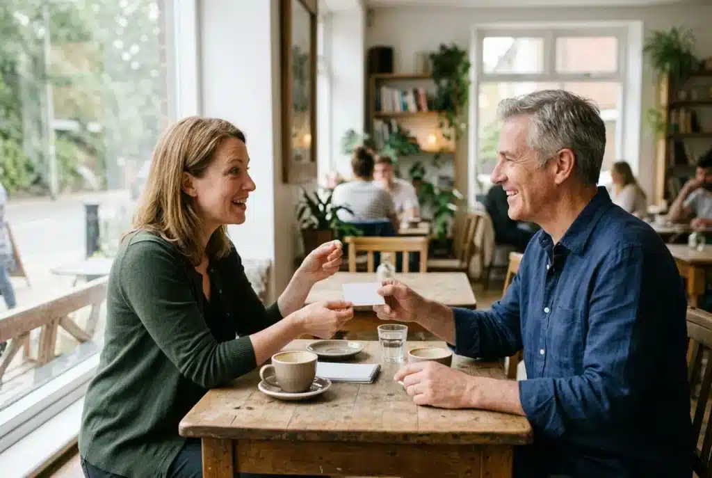 Zwei Selbständige im Gespräch im Café, eine Visitenkarte wird übergeben