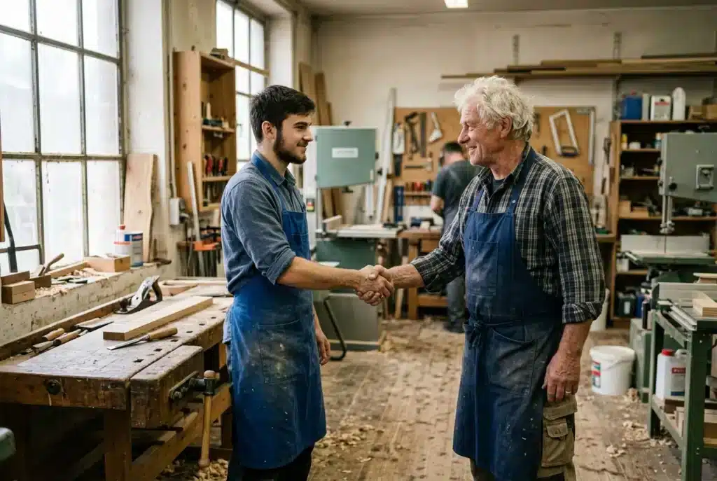 Handwerksmeister begrüßt einen neuen Mitarbeiter in der Werkstatt per Handschlag