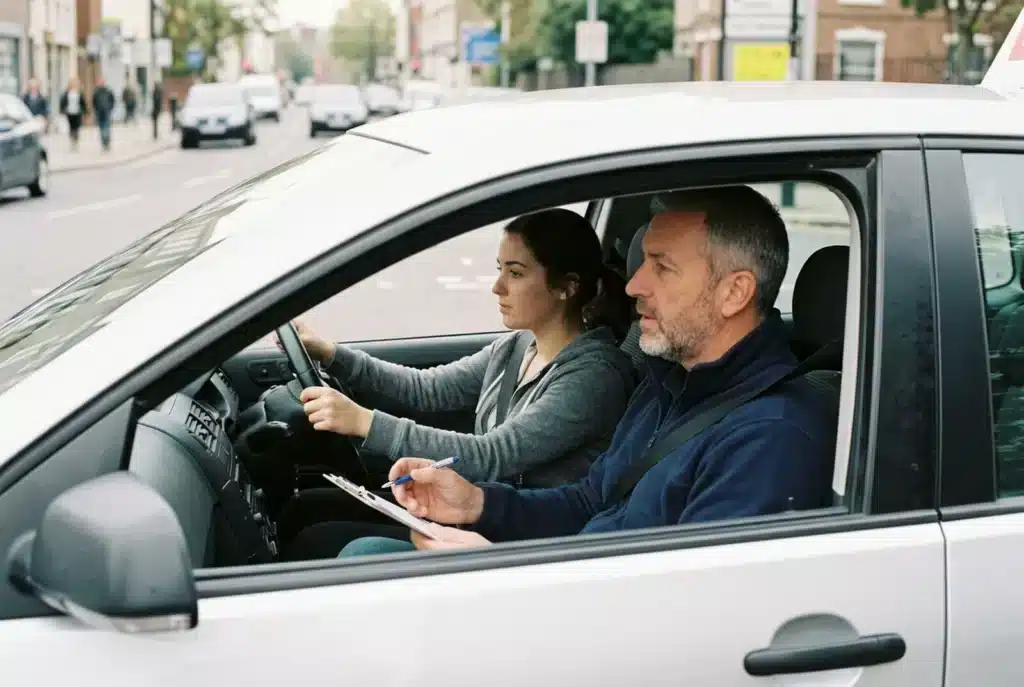 Fahrlehrer und Fahrschülerin während einer Fahrstunde im Auto