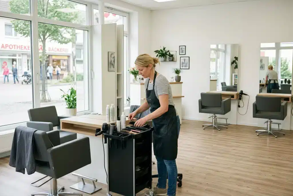 Friseurin bereitet einen hellen Salon mit Frisierstühlen vor