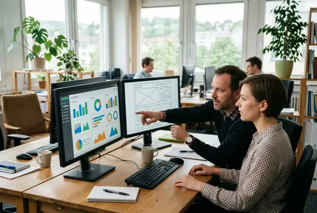 Zwei Marketer prüfen Anzeigen-Dashboard und Website auf zwei Monitoren