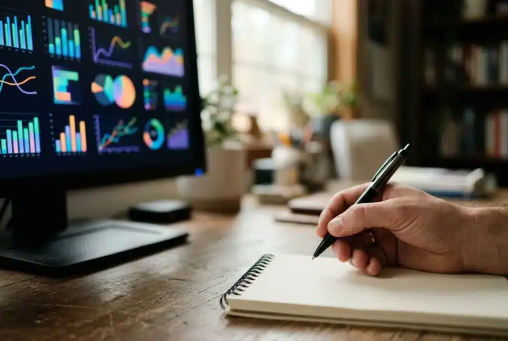 Monitor mit Analytics-Diagrammen und Hand mit Stift über einem Notizblock