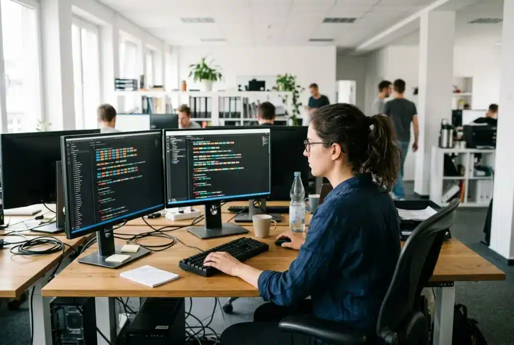 Webentwicklerin arbeitet an zwei Monitoren mit Quellcode