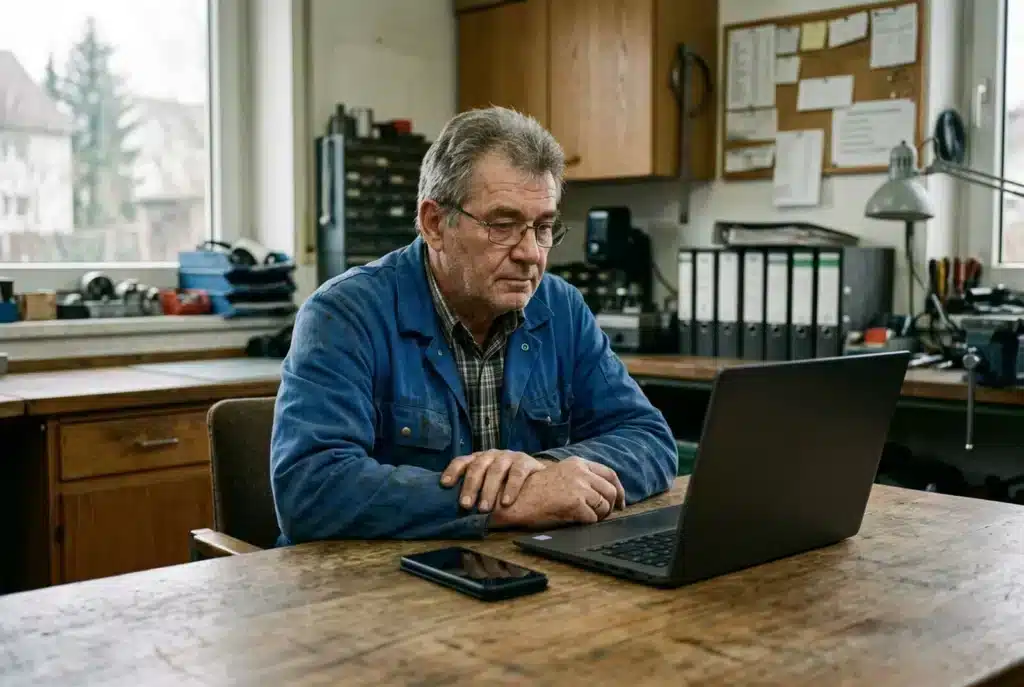 Handwerker wartet im Werkstattbüro vor Laptop und stillem Telefon auf Anfragen