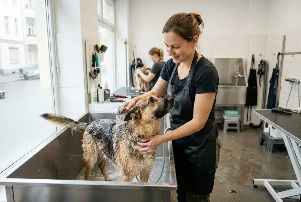 Hundefriseurin pflegt einen Hund in einem hellen Hundesalon
