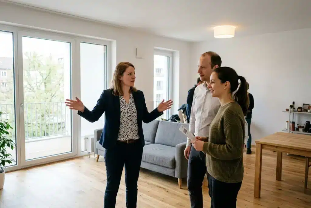 Immobilienmaklerin zeigt einem Paar eine helle Wohnung