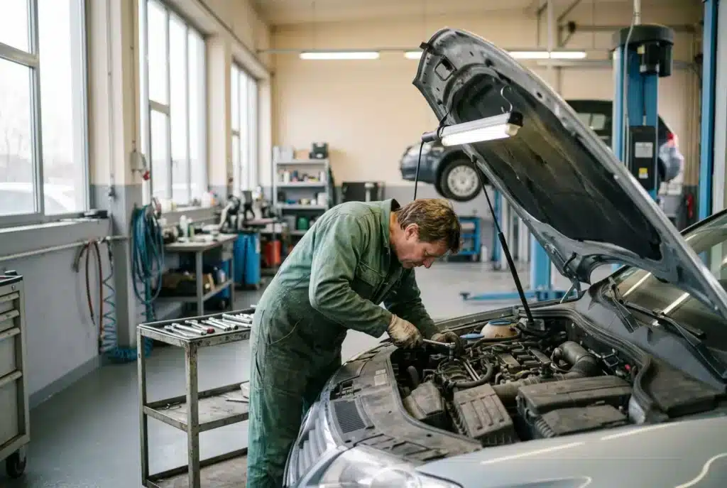 Mechaniker arbeitet in einer hellen Kfz-Werkstatt am Motorraum