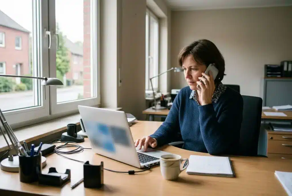 Dienstleisterin beantwortet am Telefon und Laptop Kundenanfragen
