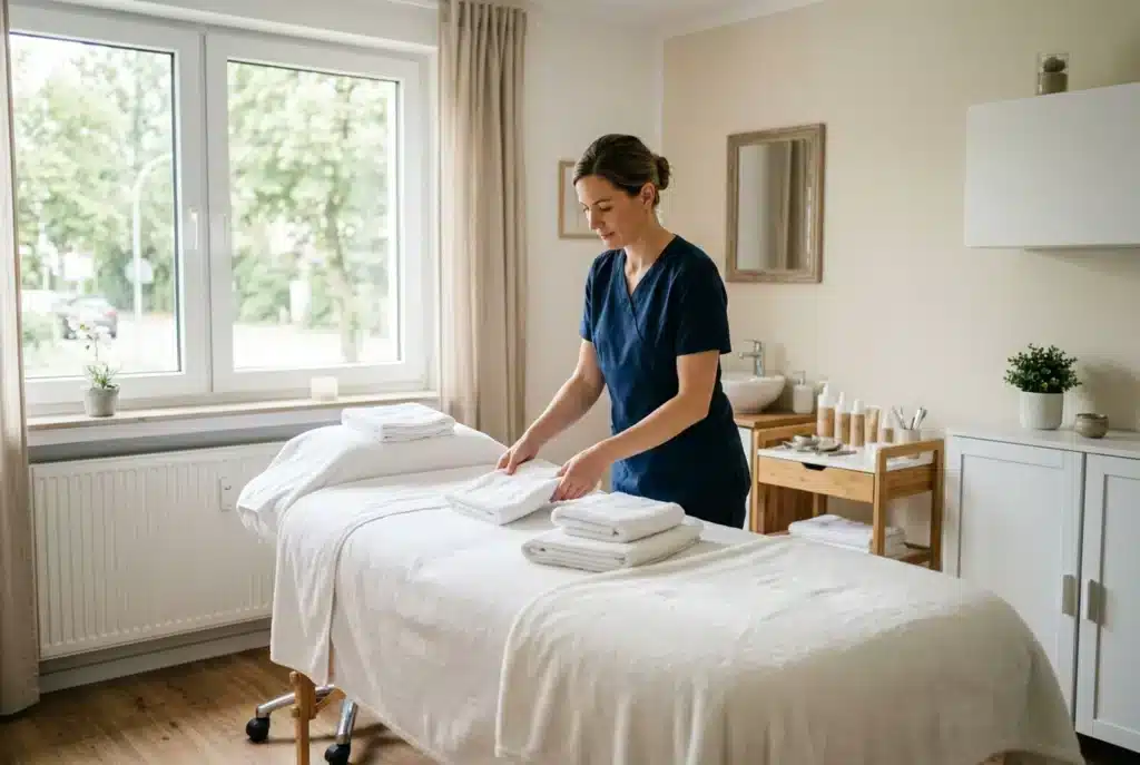 Kosmetikerin bereitet eine helle Behandlungsliege vor