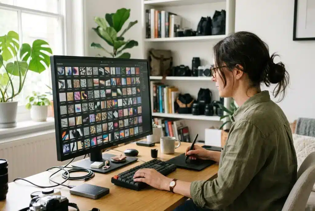 Fotografin bearbeitet im Studio Bilder am großen Monitor