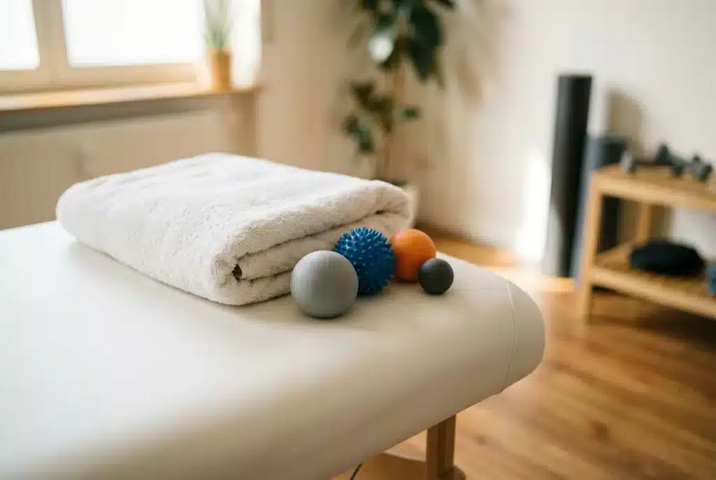 Behandlungsliege mit Handtuch und Therapiebällen in einer hellen Praxis