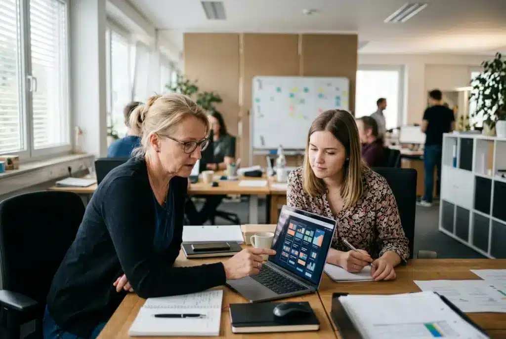 Zwei Kolleginnen prüfen am Laptop eine Preistabelle für die Website
