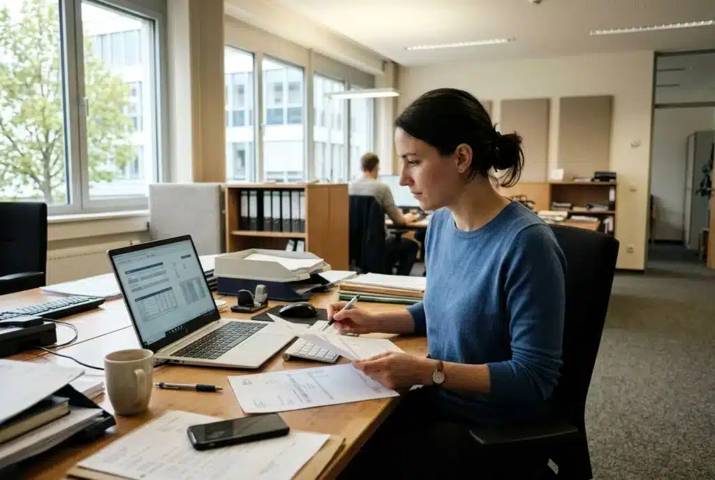 Mitarbeiterin prüft am Laptop offene Rechnungen
