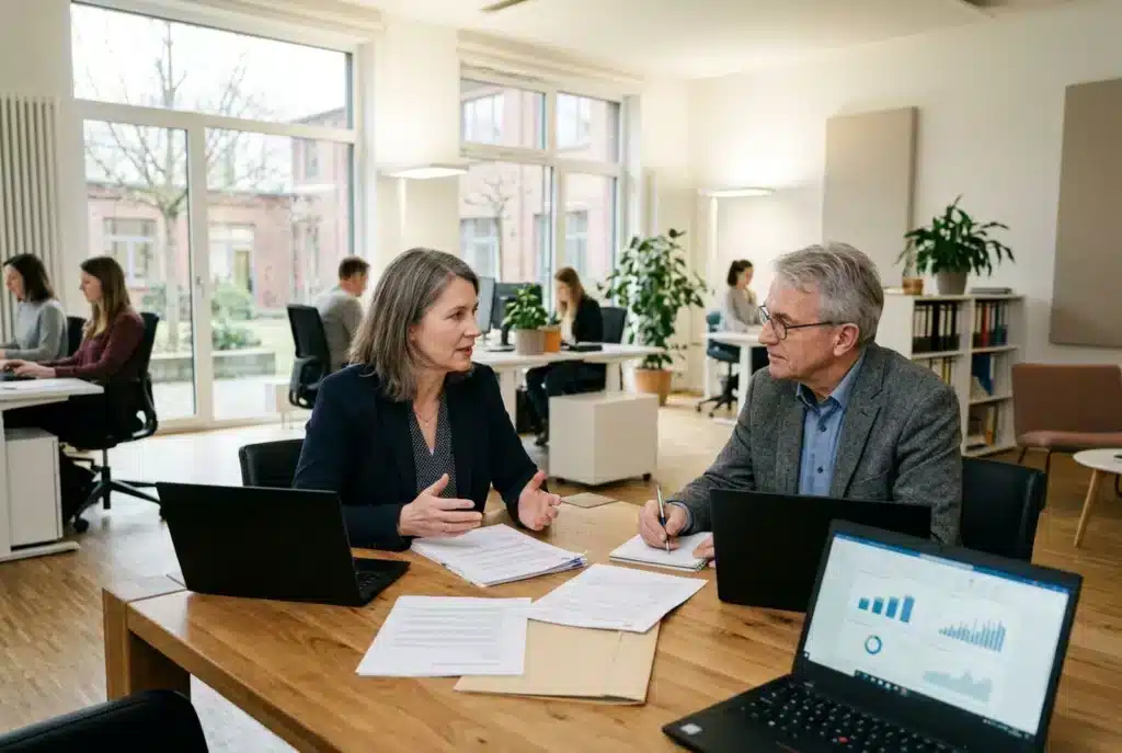 Gründerin und Berater besprechen Unterlagen zur Rechtsform