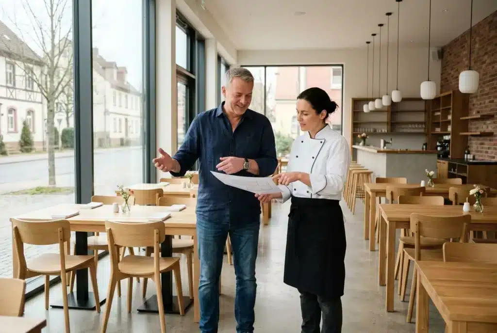 Restaurantinhaber und Köchin planen im neuen, leeren Gastraum
