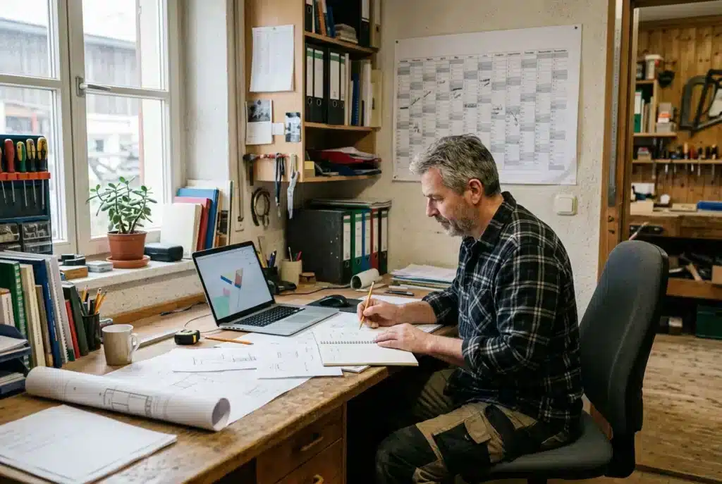 Handwerker plant im Werkstattbüro mit Wandkalender und Laptop