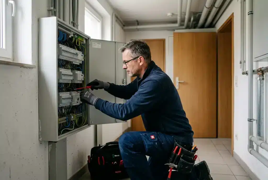 Elektriker arbeitet an einem offenen Schaltschrank