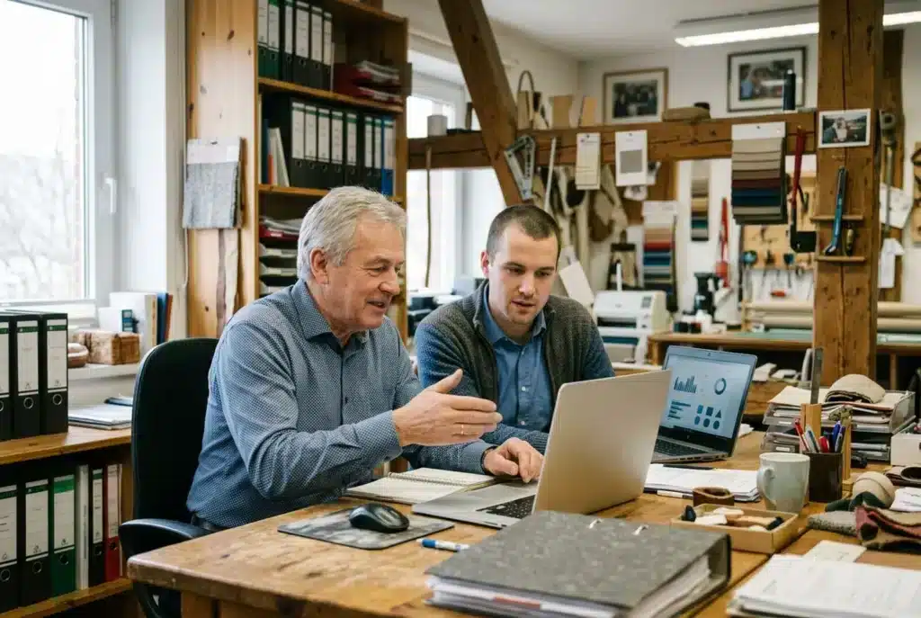 Seniorchef und Nachfolger besprechen im Betriebsbüro die Website am Laptop