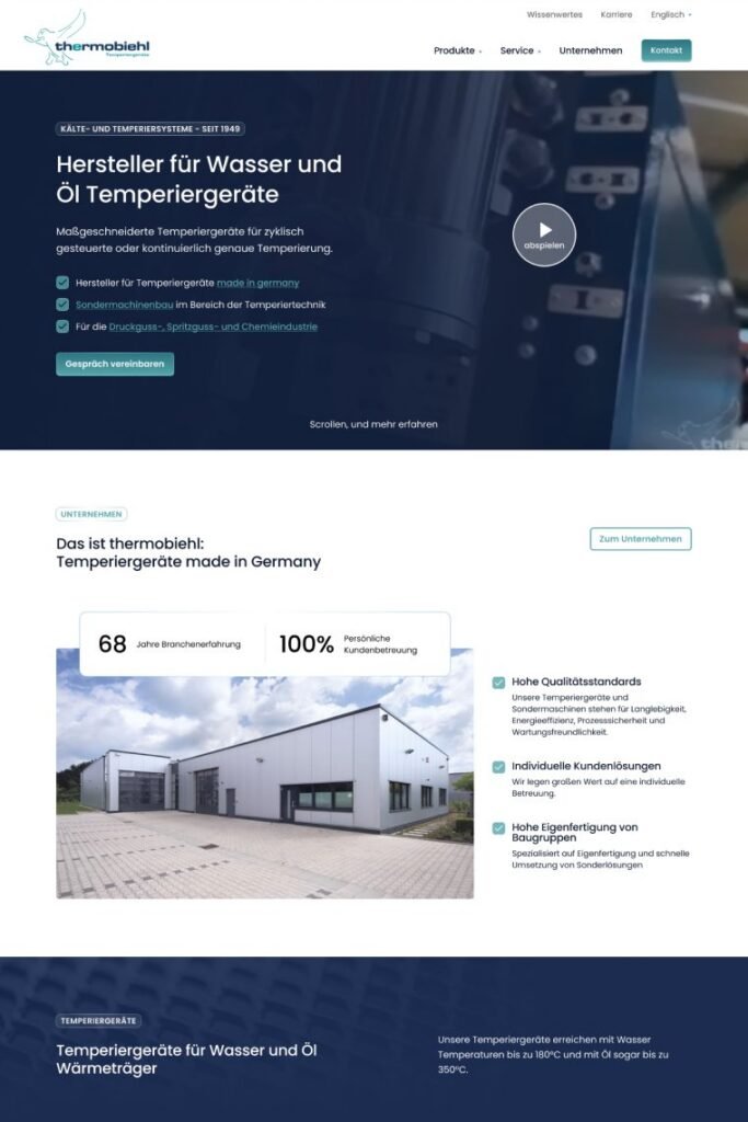 Website von thermobiehl, Hersteller für Wasser- und Öl-Temperiergeräte