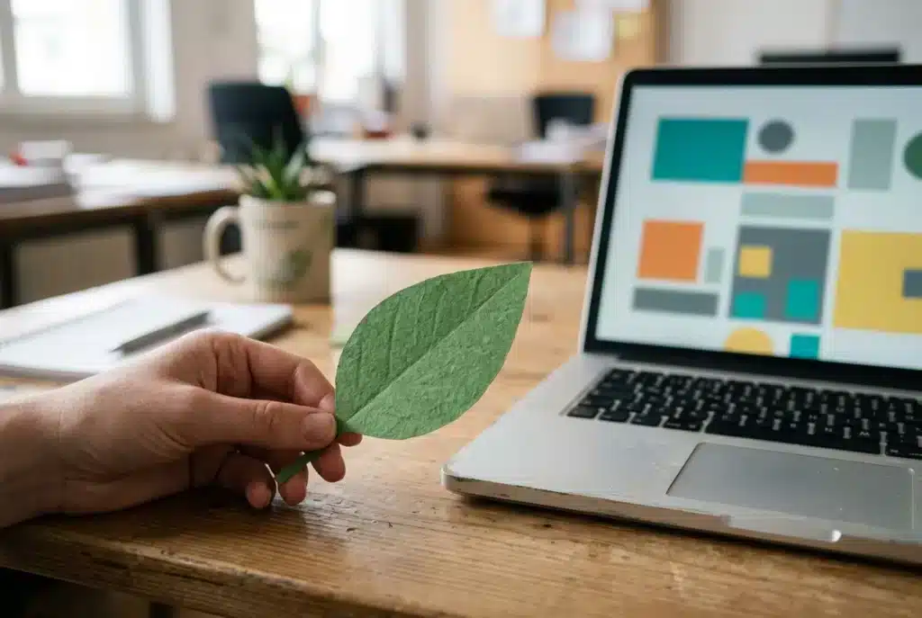 Hand hält ein grünes Blatt neben einem Laptop mit Website-Entwurf