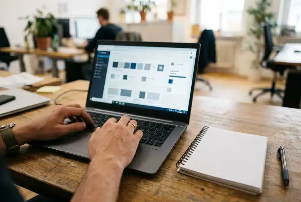 Hände auf der Laptoptastatur, daneben ein leerer Notizblock