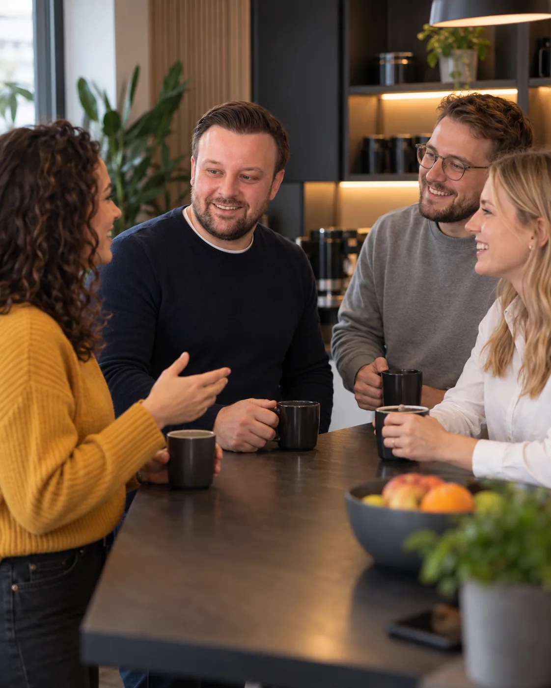 David Keiser lacht mit drei Mitarbeitenden bei einer Kaffeepause in der Teeküche des Büros