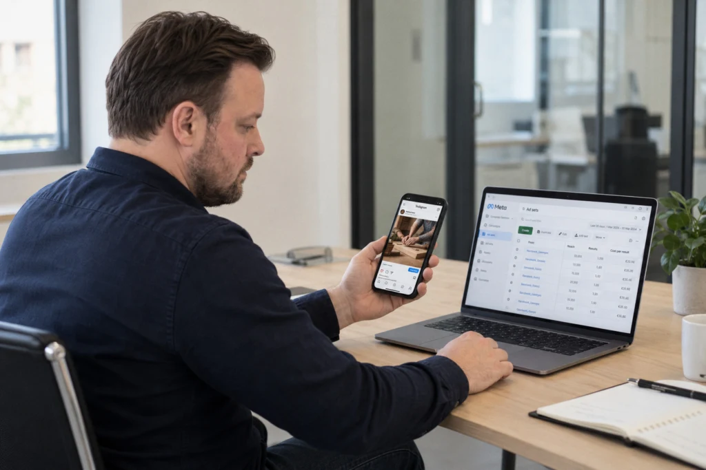 David Keiser prüft eine Anzeige auf dem Smartphone, am Laptop ist der Werbeanzeigenmanager geöffnet