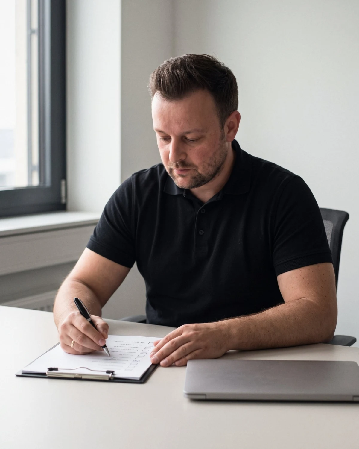 David Keiser hakt am Schreibtisch eine Checkliste auf dem Klemmbrett ab