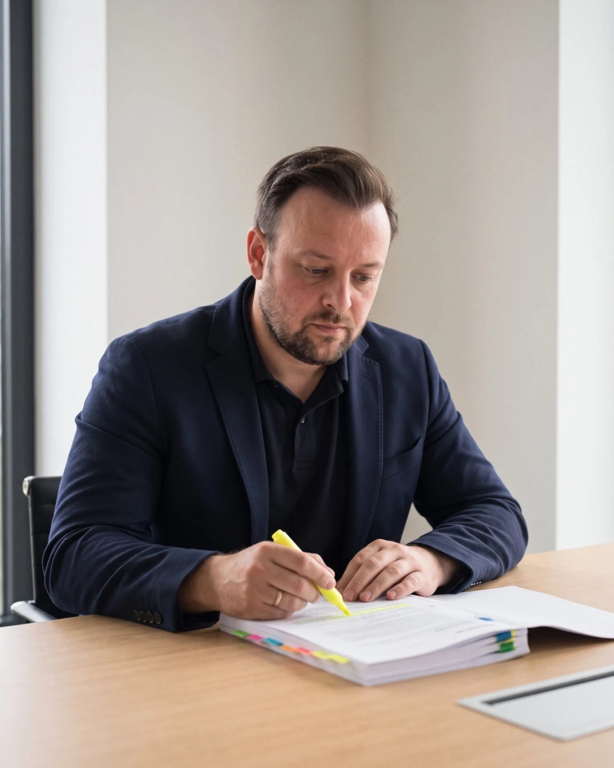 David Keiser prüft im Büro ein ausgedrucktes Dokument mit dem Textmarker
