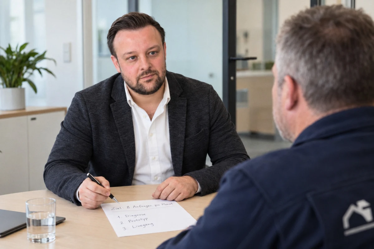 David Keiser notiert im Gespräch mit einem Handwerker das Ziel von acht Anfragen pro Monat