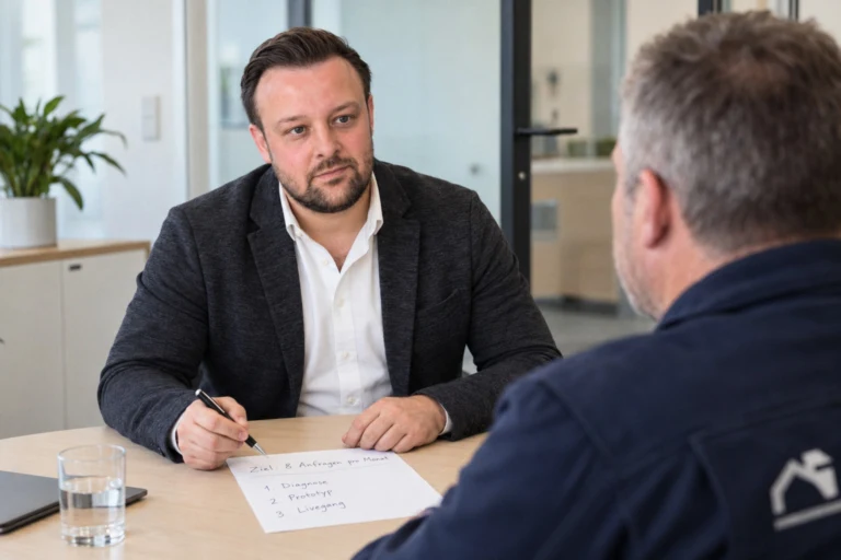 David Keiser notiert im Gespräch mit einem Handwerker das Ziel von acht Anfragen pro Monat