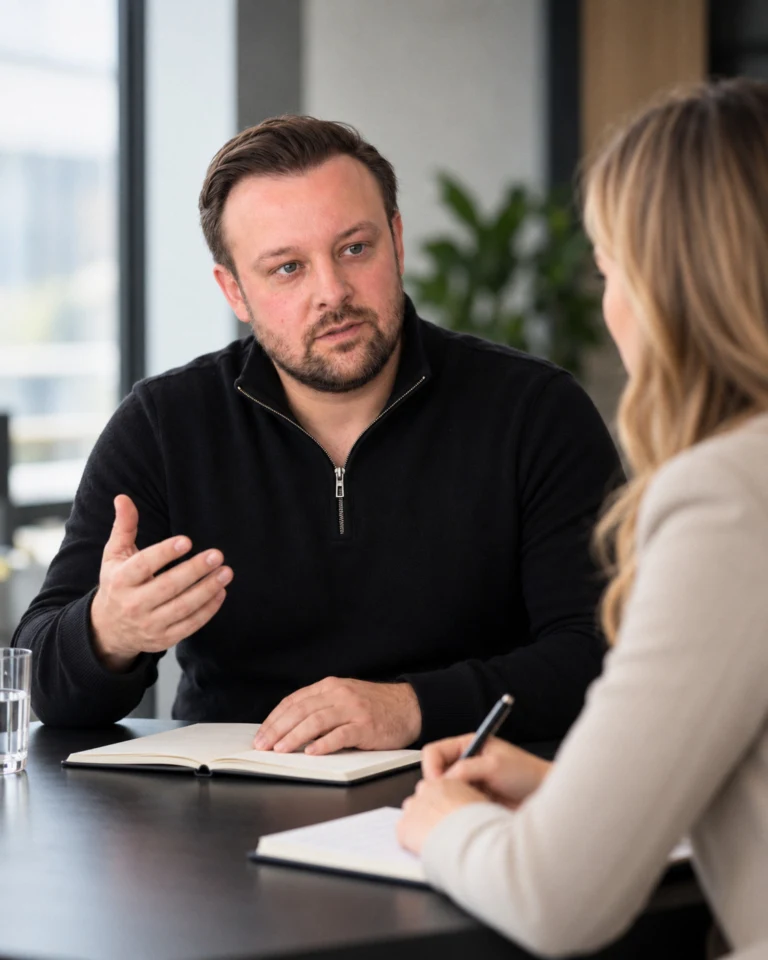 David Keiser erklärt im Gespräch, die Kundin schreibt mit