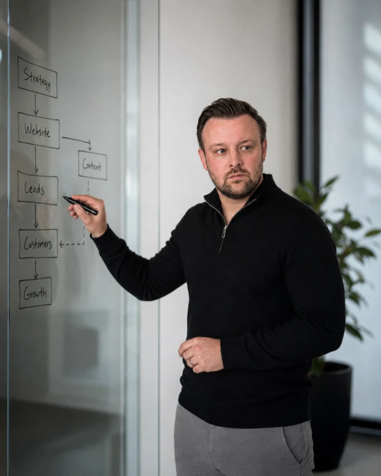 David Keiser zeichnet an einer Glaswand den Weg von der Strategie bis zum Wachstum