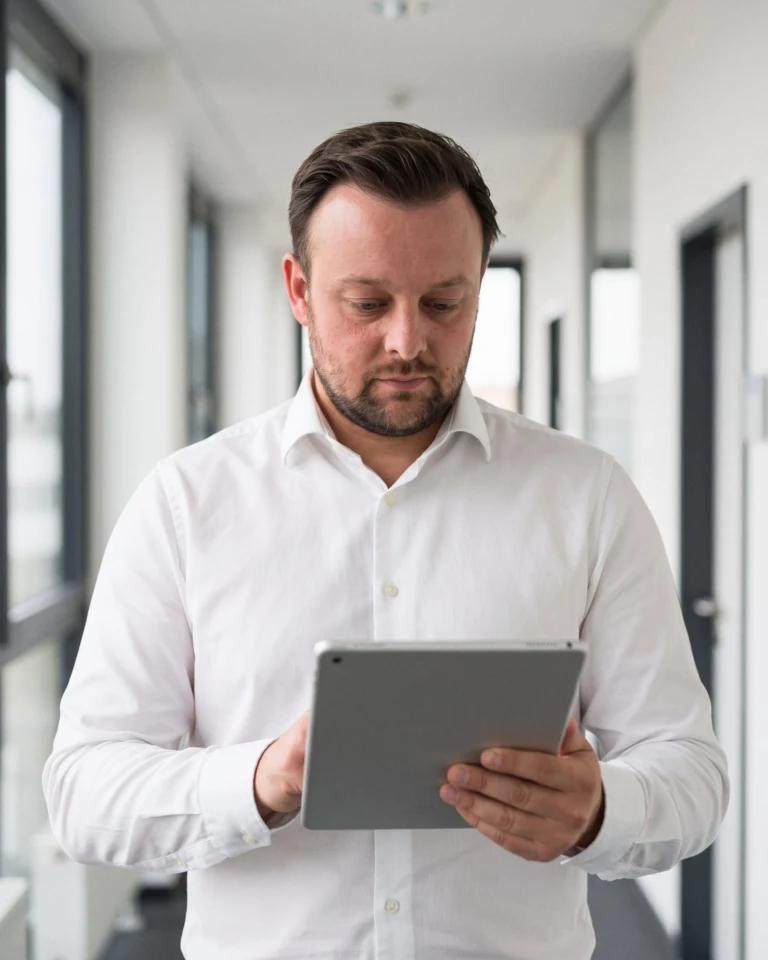 David Keiser prüft im Büroflur einen Google-Eintrag auf dem Tablet