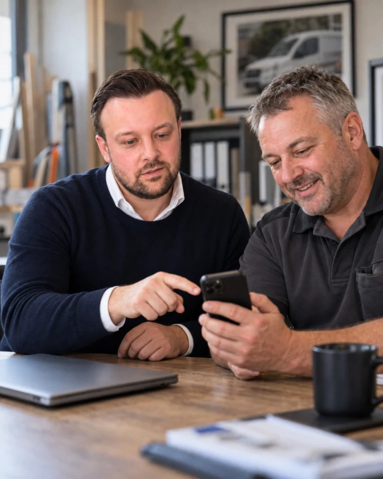David Keiser schaut mit einem Handwerksmeister gemeinsam auf dessen Smartphone