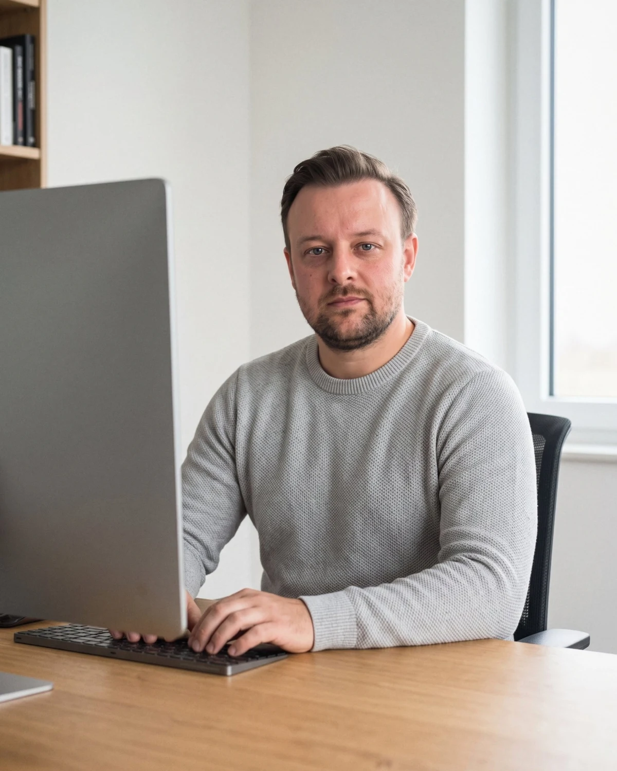 David Keiser arbeitet im grauen Pullover an einem großen Monitor